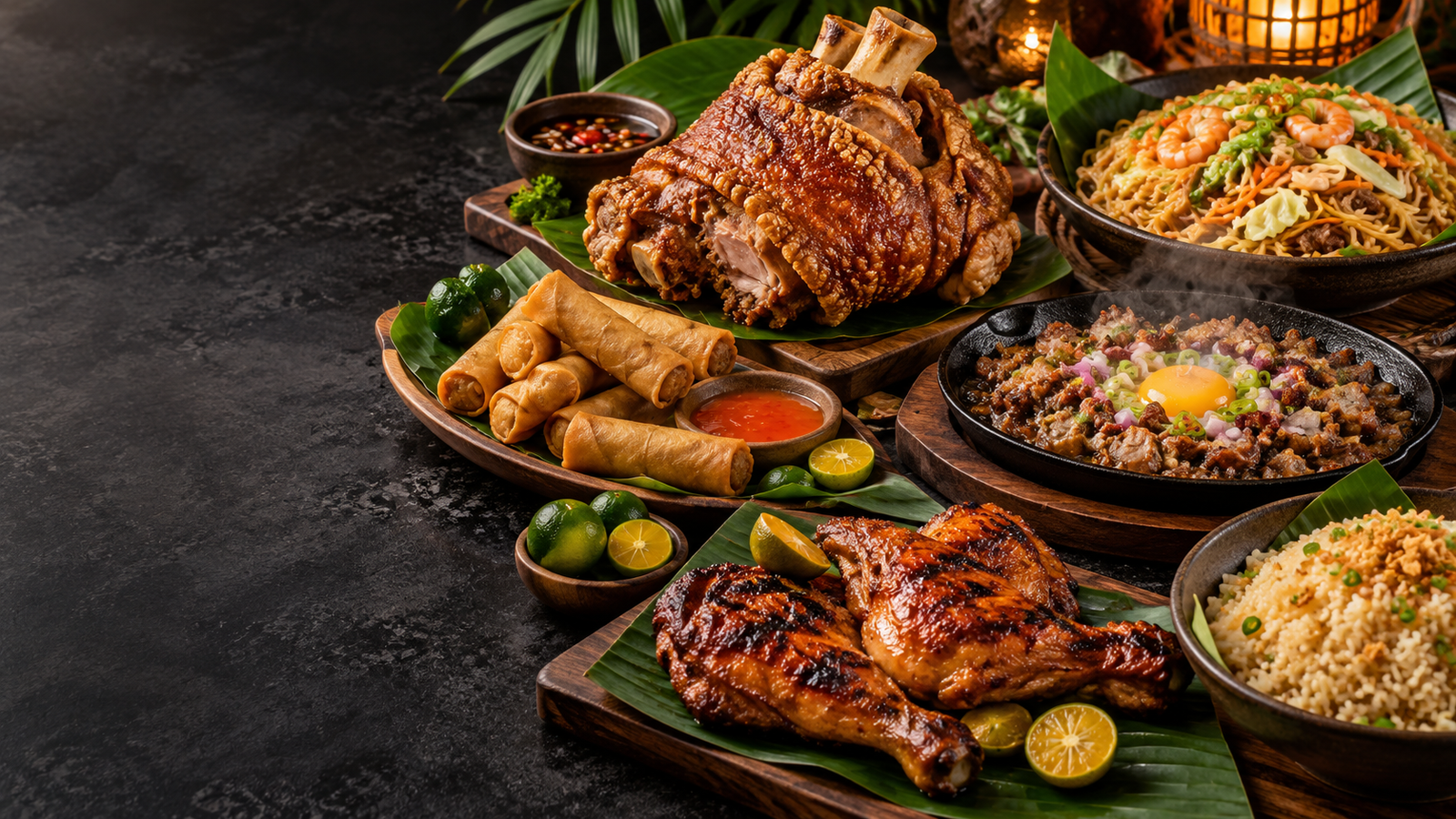 A generous Filipino feast with crispy pata, pancit, lumpia, sisig, chicken inasal and garlic rice